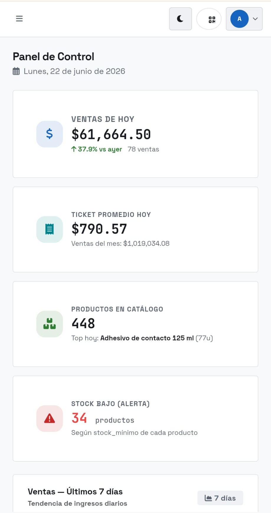 Dashboard de Nexus en vista móvil con métricas de ventas y stock