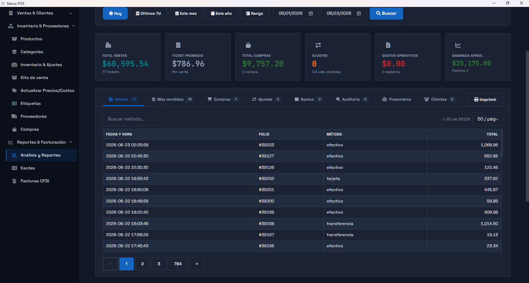 Pantalla de reportes de Nexus con desglose de ventas por efectivo, tarjeta y transferencia