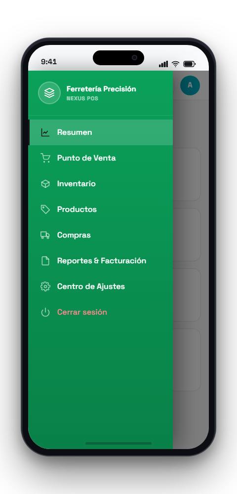 Menú móvil de Nexus con acceso a todos los módulos